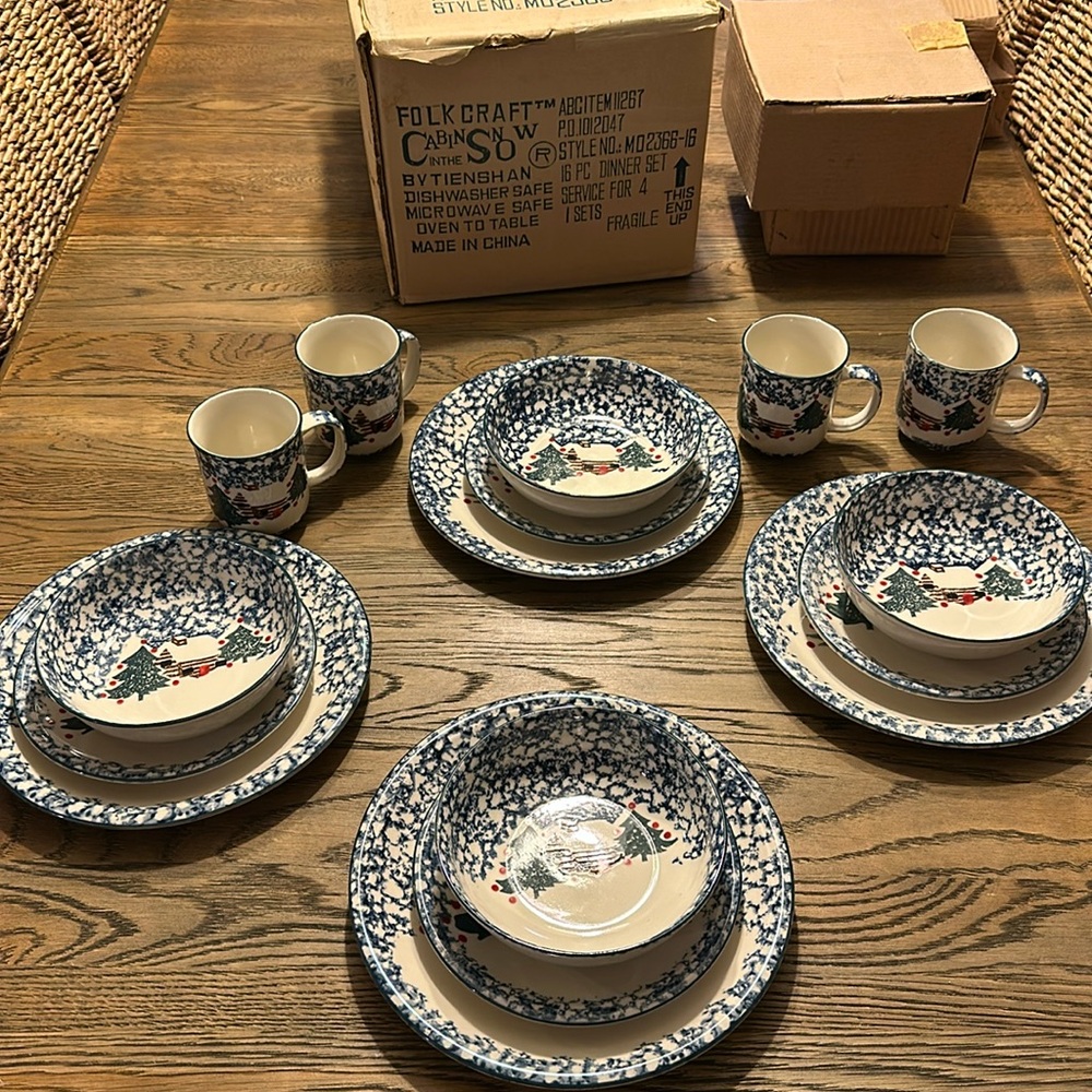 NIB Tienshan Folk Craft Christmas Cabin in the Snow Stoneware Dishes set for 4